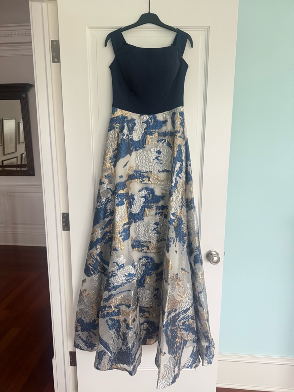 John Paul Ataker Navy Bodice Maxi Dress with Blue and Gold Jacquard Skirt